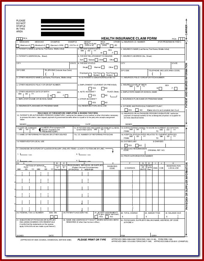 Fillable Health Insurance Claim Form 1500