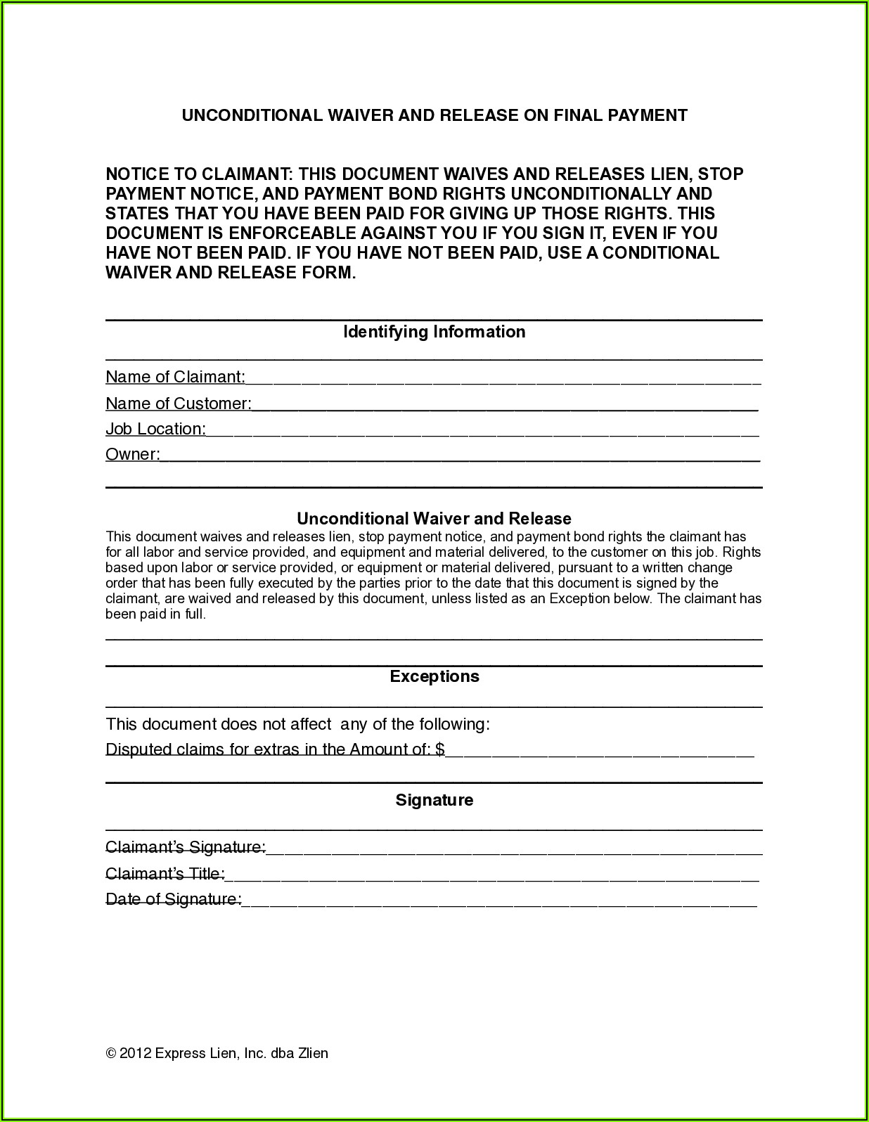 Final Waiver Of Lien Form Indiana