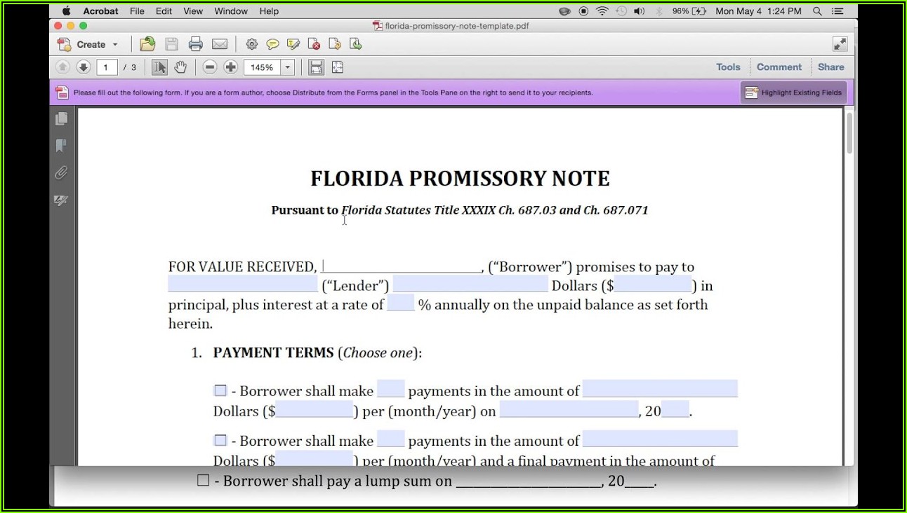 Florida Secured Promissory Note Form