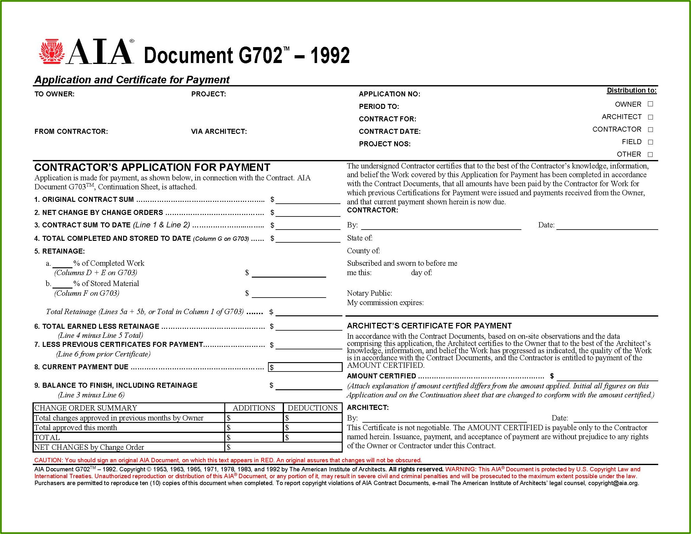Free Aia Change Order Form G701