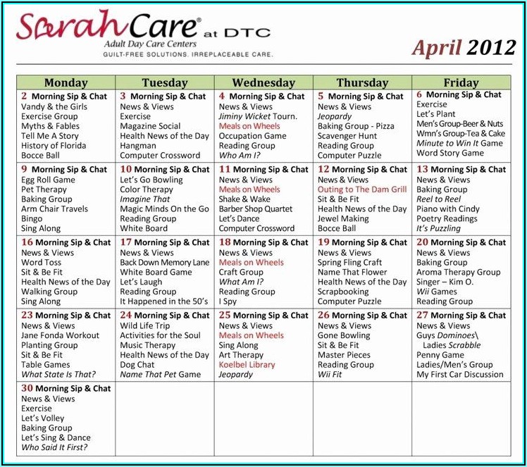 Free Assisted Living Activity Calendar Template