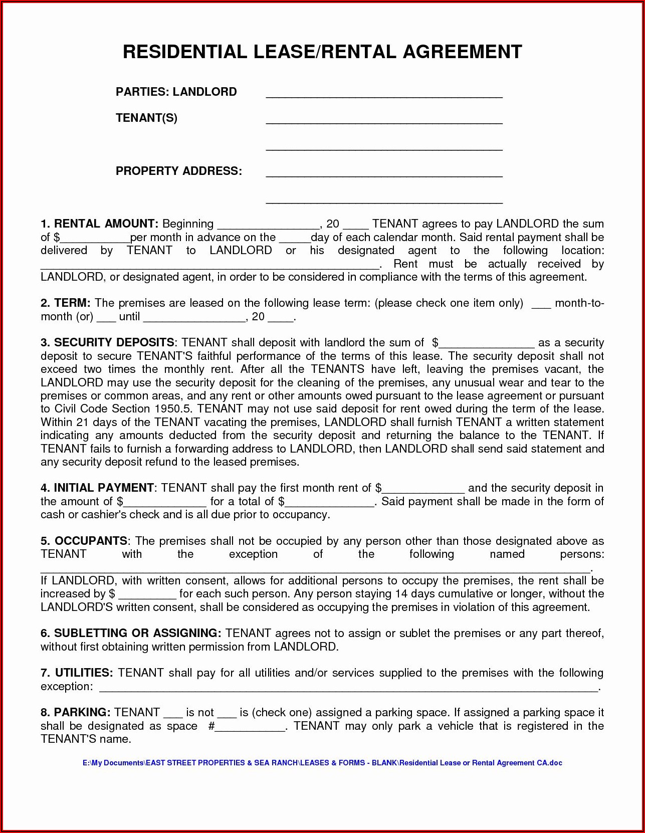 Free California Residential Lease Rental Agreement Form