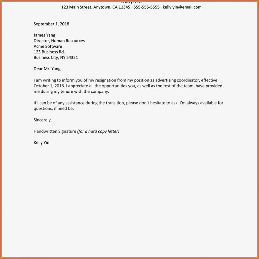 Free Letter Of Resignation Template Word