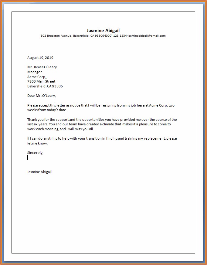 Free Letter Of Resignation Template
