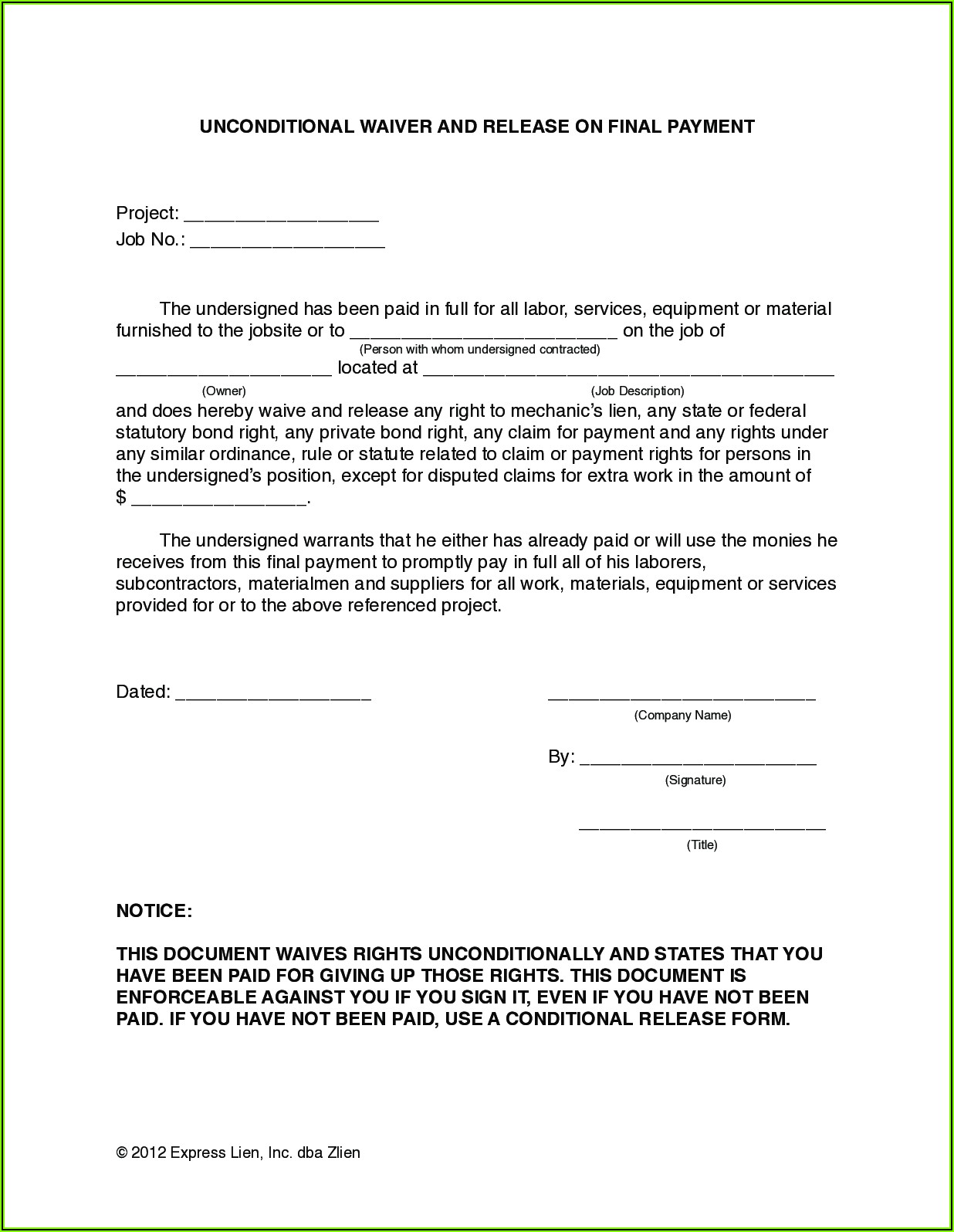 Free Lien Waiver Forms For Construction