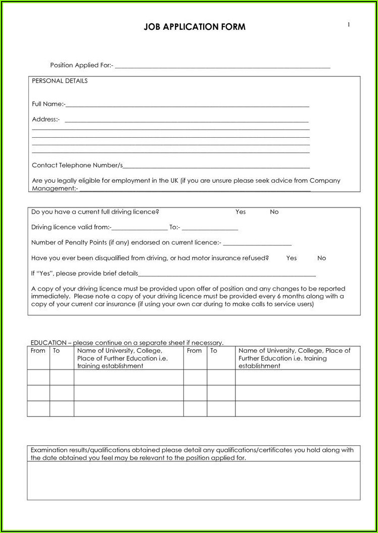 Free Template Employment Application Form