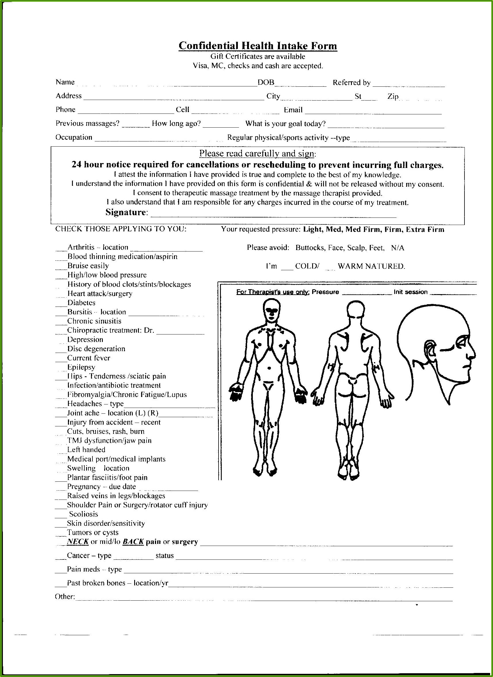 Health Intake Form Massage Therapy