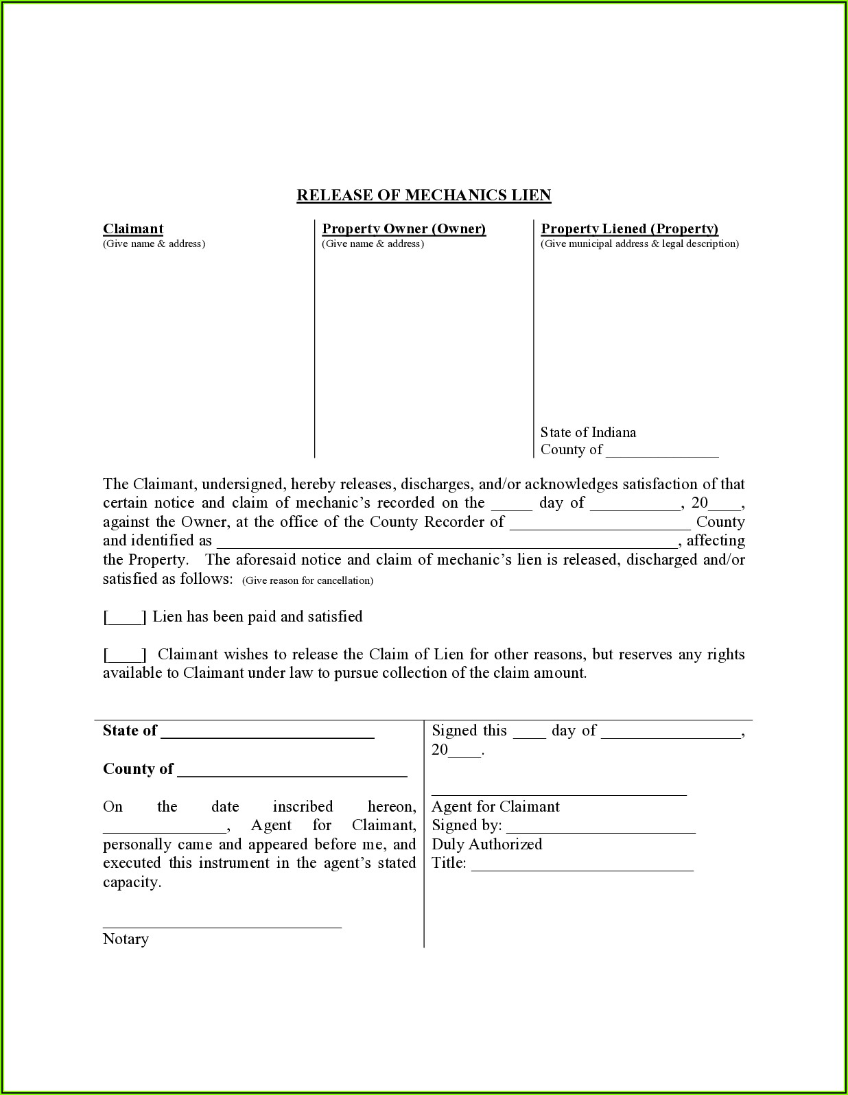 Indiana Conditional Lien Waiver Form