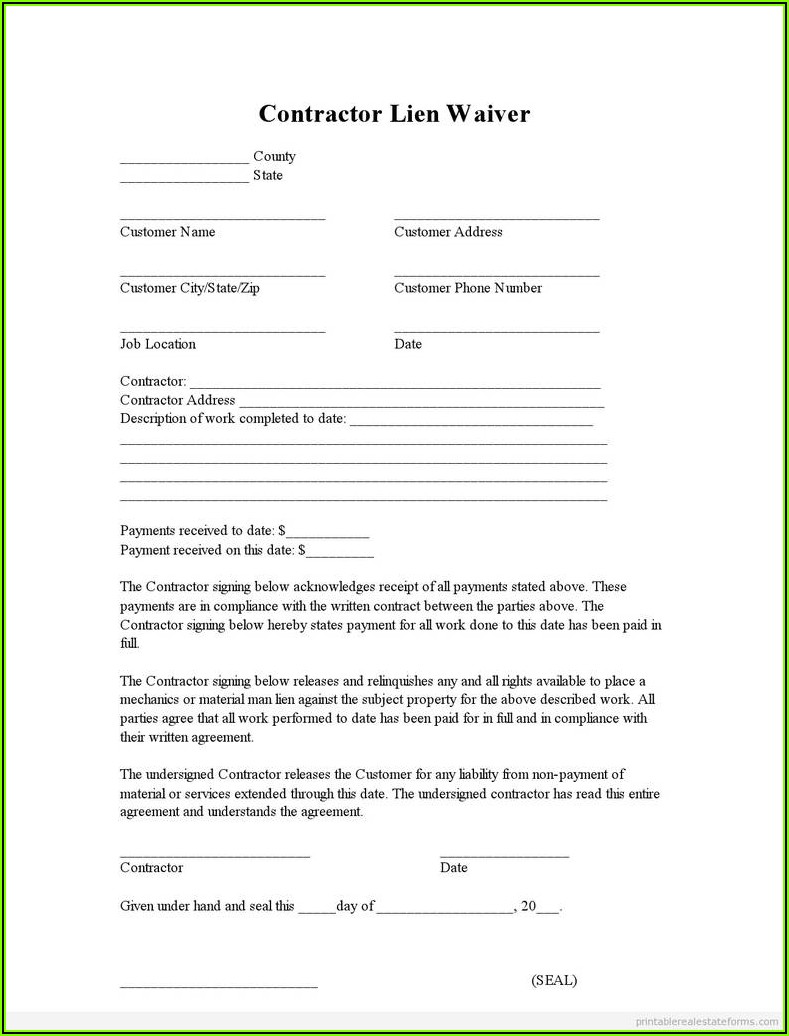Indiana Contractor Lien Waiver Form