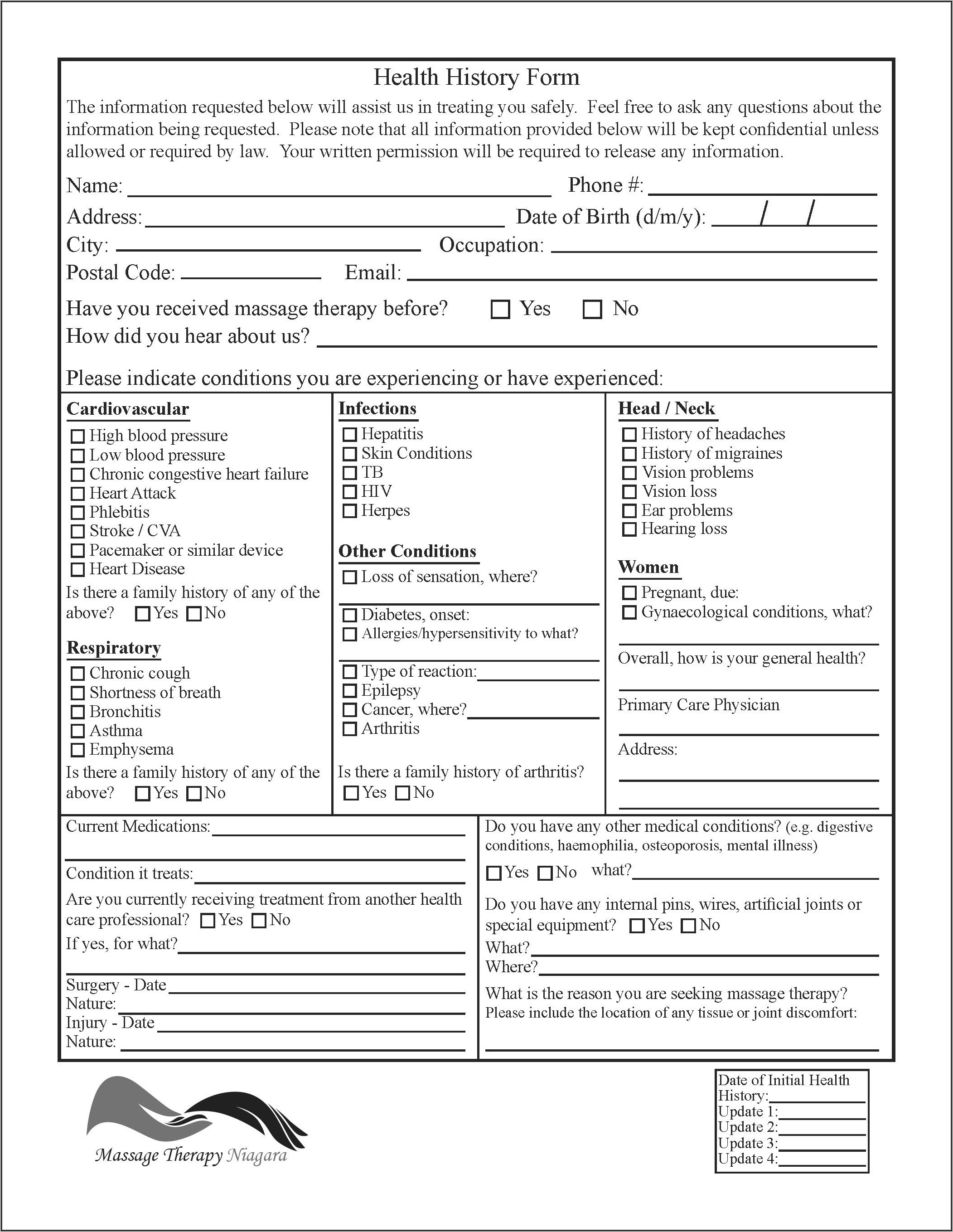 Intake Form Massage Therapy Template