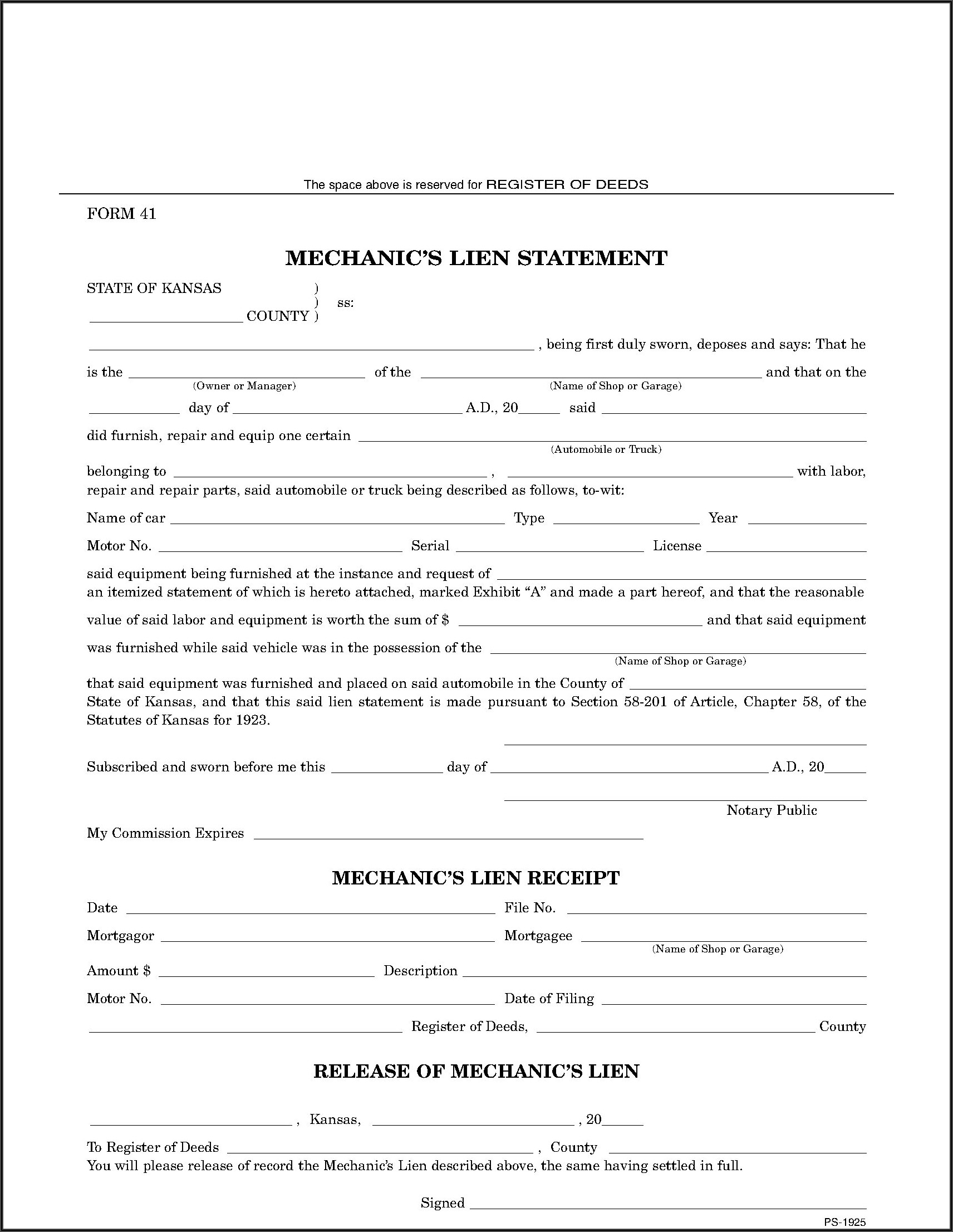 Kansas Mechanic's Lien Release Form
