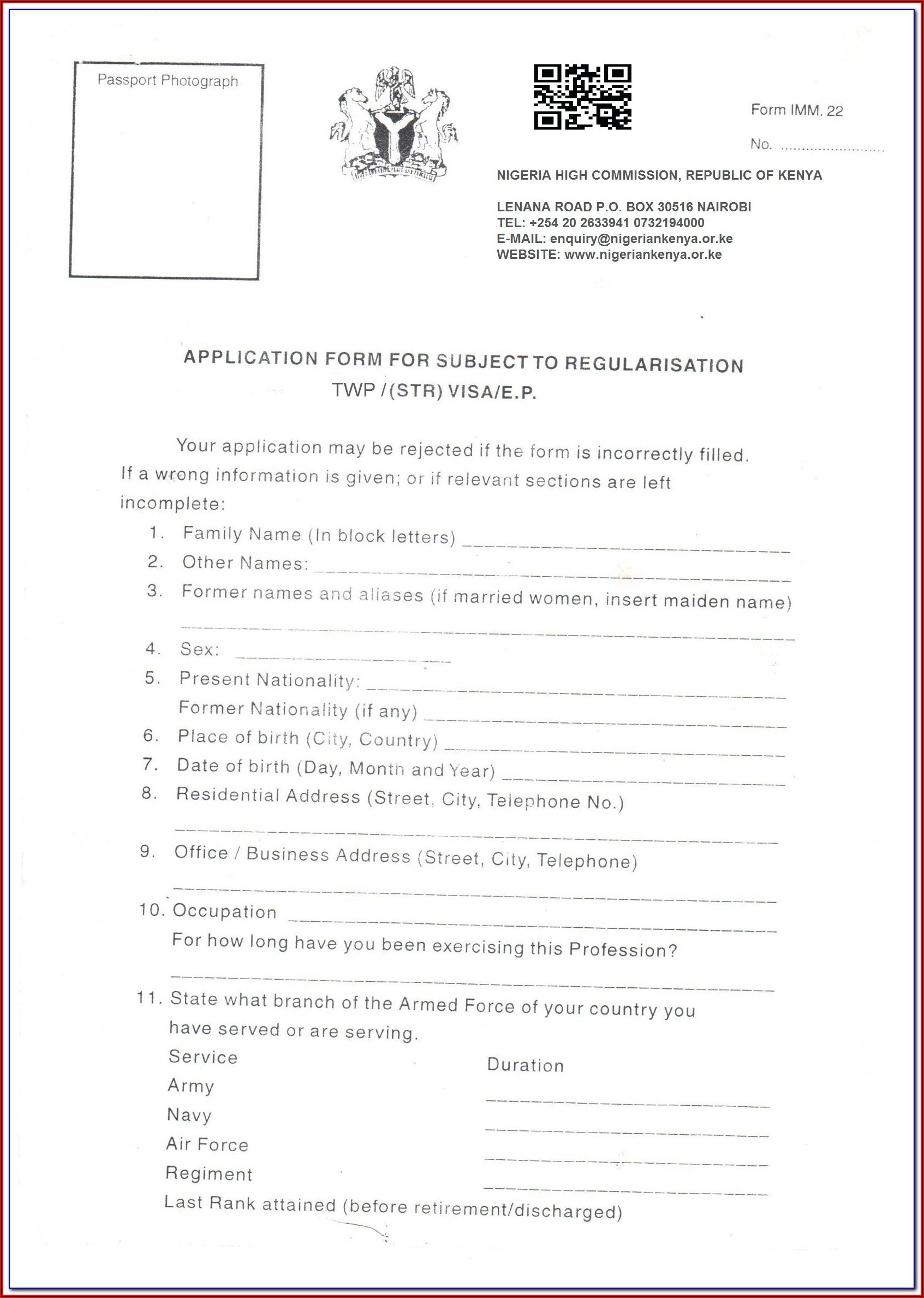 Nigeria Visa Application Form Imm 22