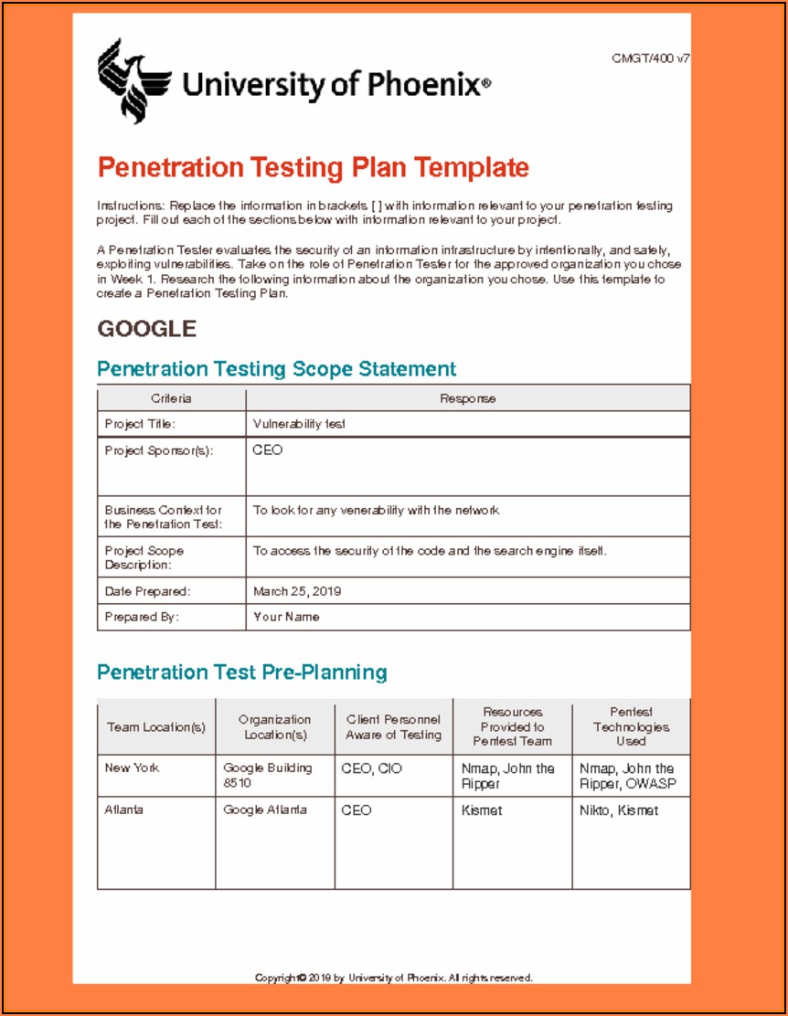 Penetration Testing Plan Example