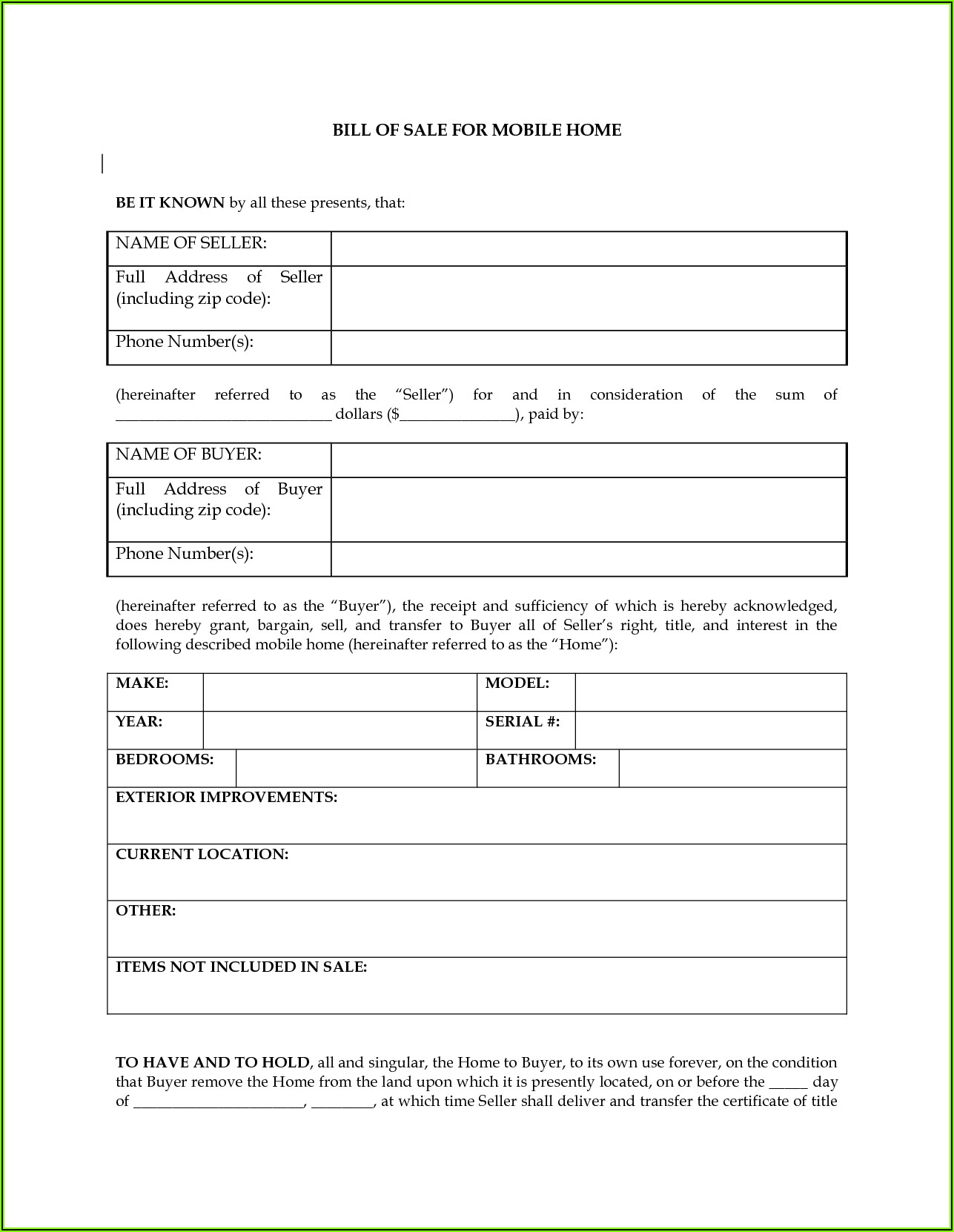 Printable Bill Of Sale Form For Rv