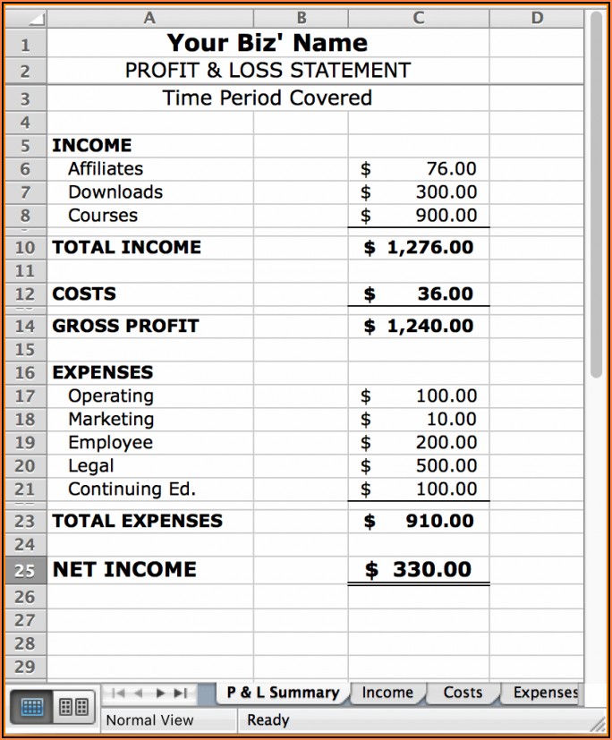 Profit Loss Statement Template Google Sheets