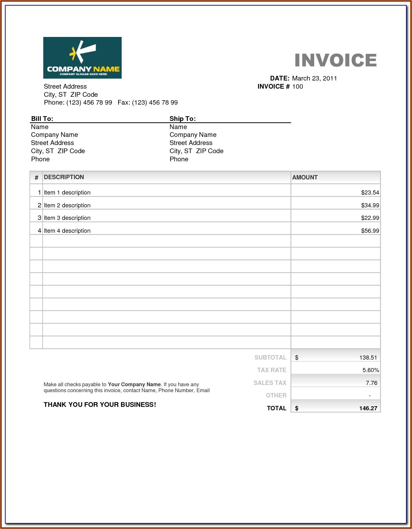 Quickbooks Service Invoice Template