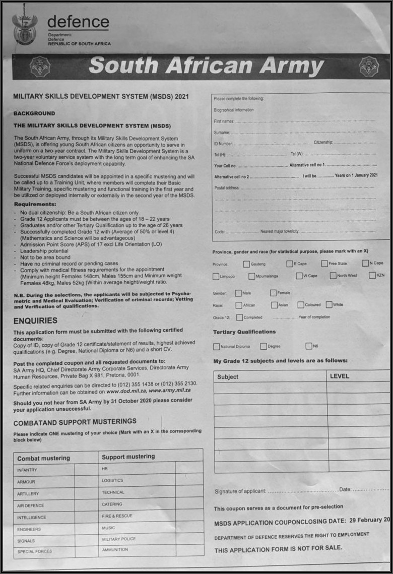 Sa Army Application Forms 2018 Pdf