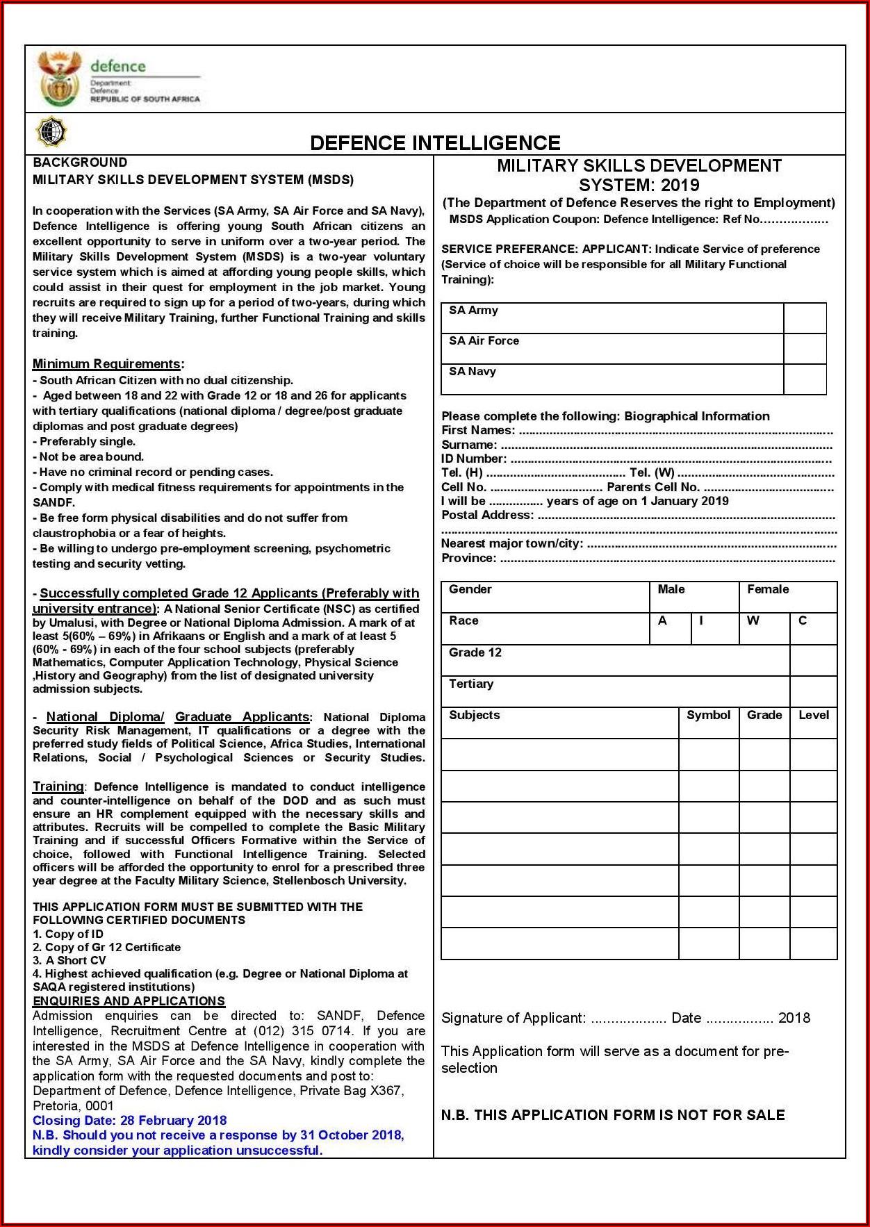 Sa Army Application Forms 2018