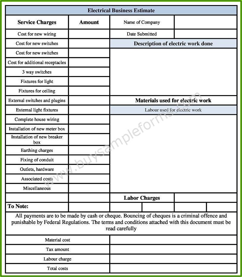 Sample Electrical Estimate Forms
