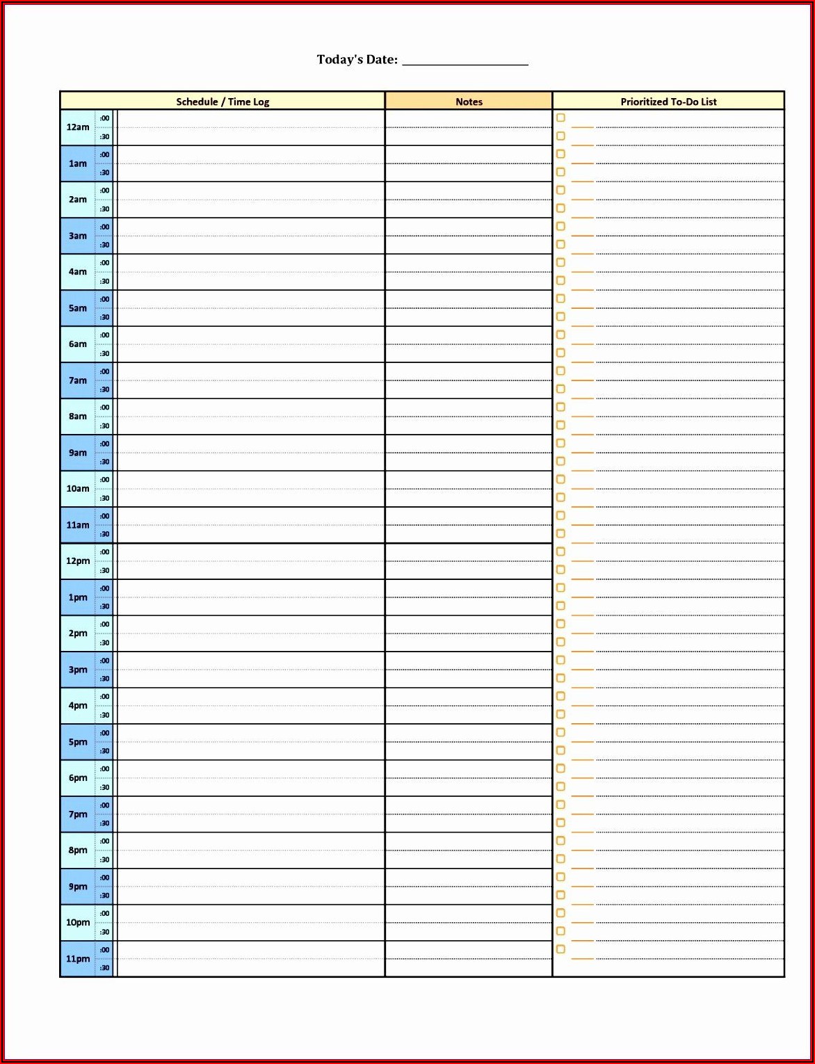 24 Hour Work Schedule Template