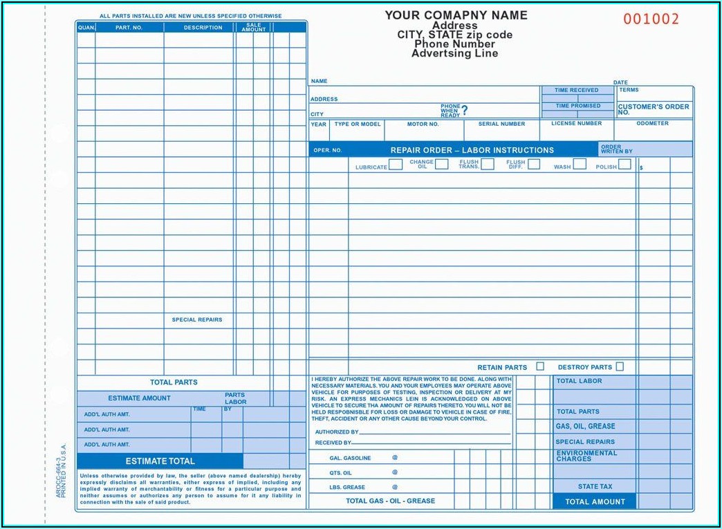 Auto Repair Forms Template