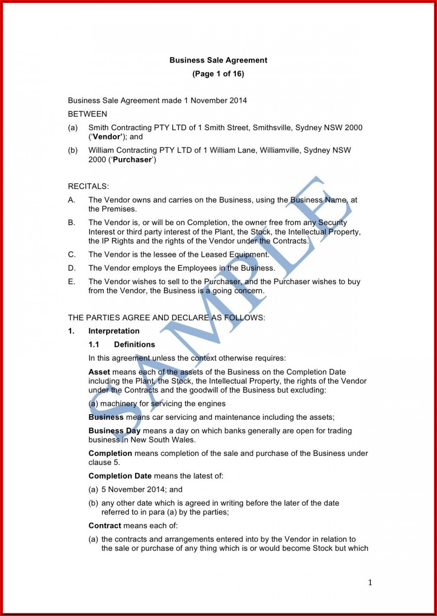Business Purchase Agreement Template Free Uk