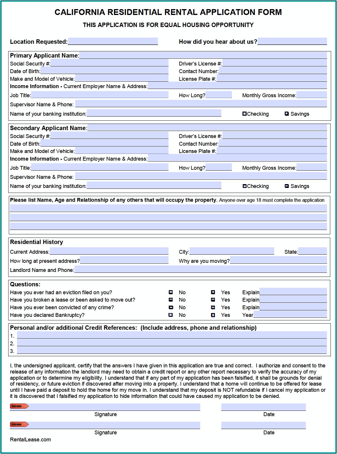 California Rental Application Form Pdf Free