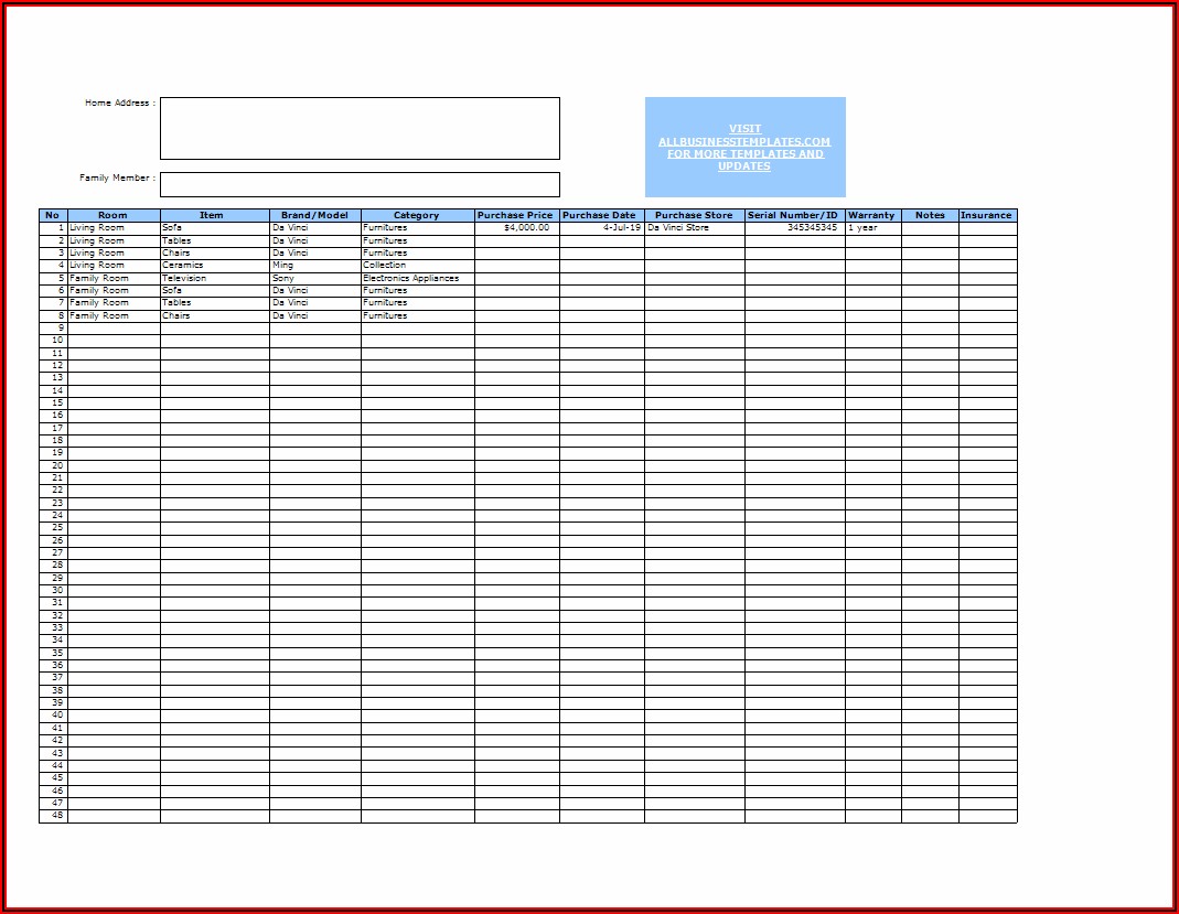 Excel Home Inventory Template With Pictures