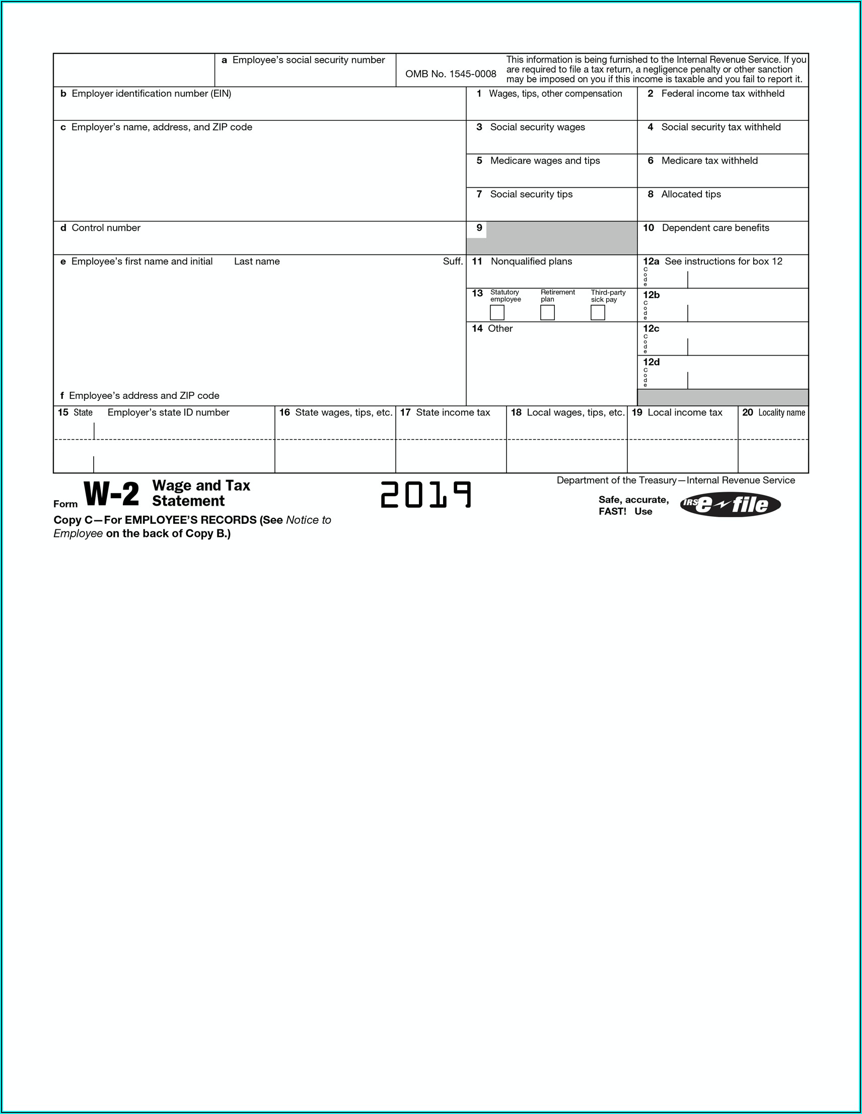 Fillable W2 Form 2019 Free