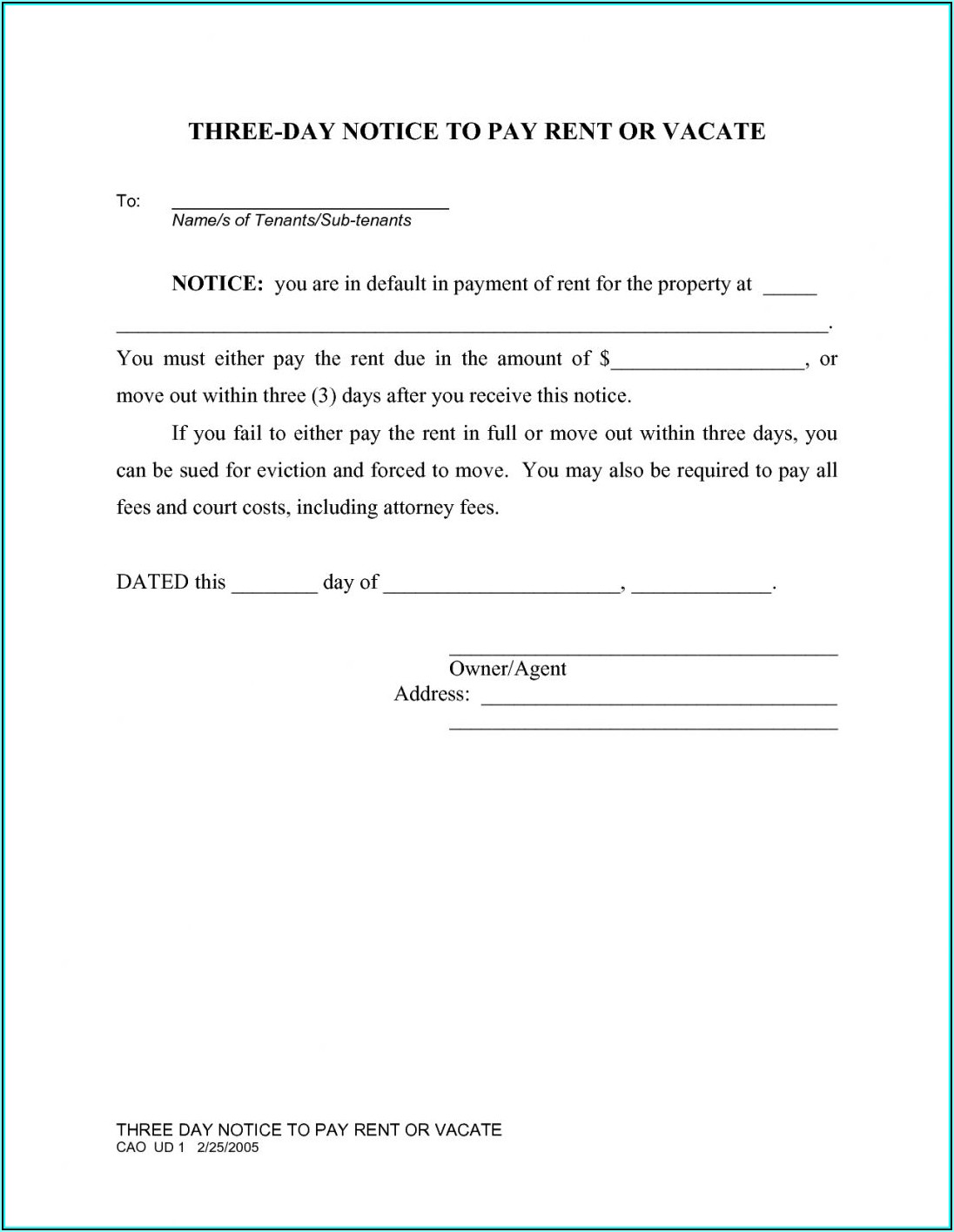 Free 30 Day Eviction Notice Form Texas