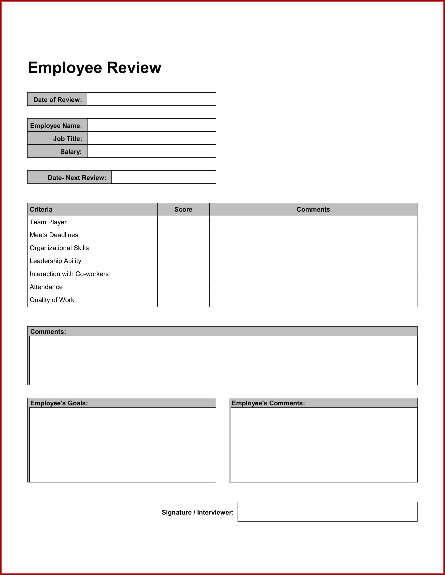 Free Employee Evaluation Form Template Pdf