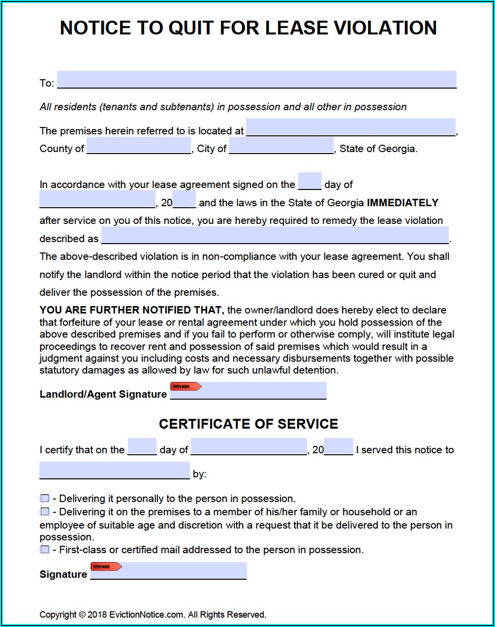 Free Georgia Landlord Notice To Vacate Form