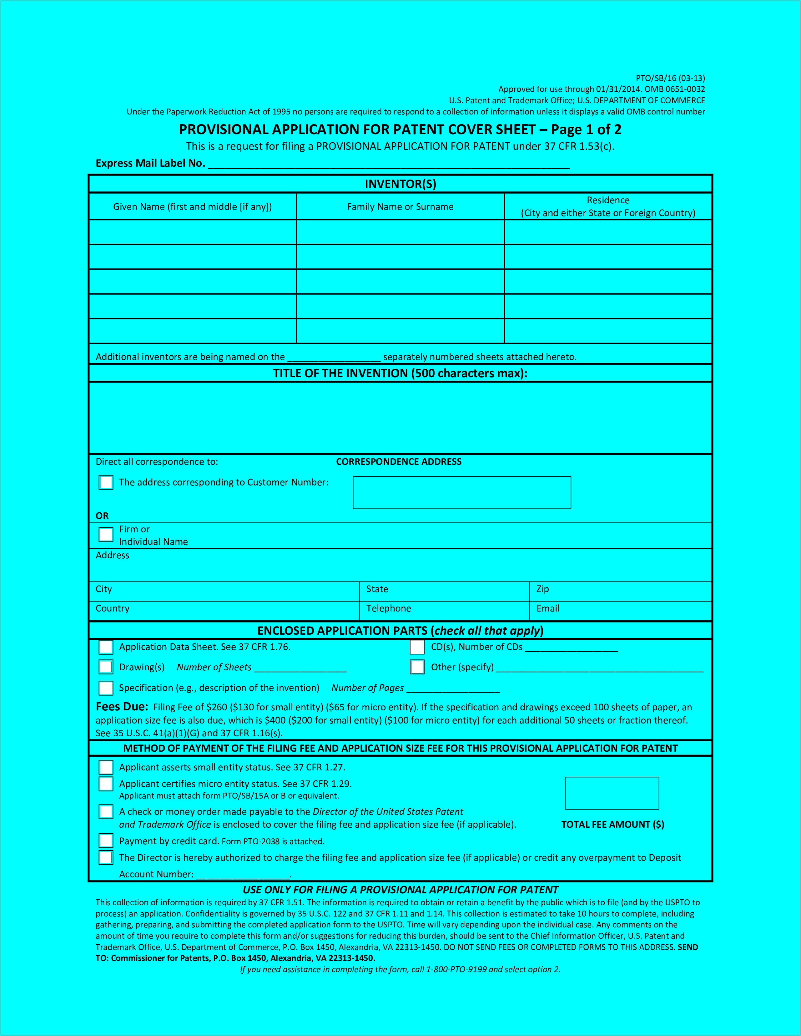 Provisional Patent Filing Forms
