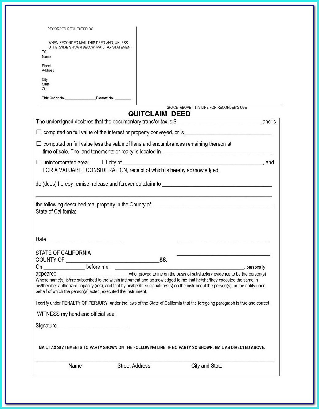 Quit Claim Deed Form Free Download California