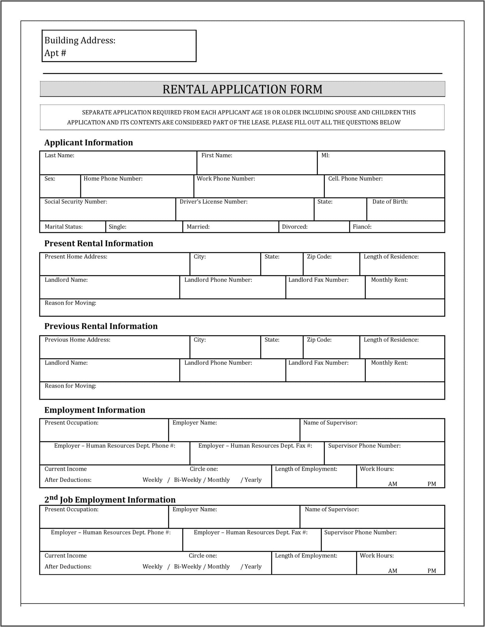 Rental Application Form Free Pdf