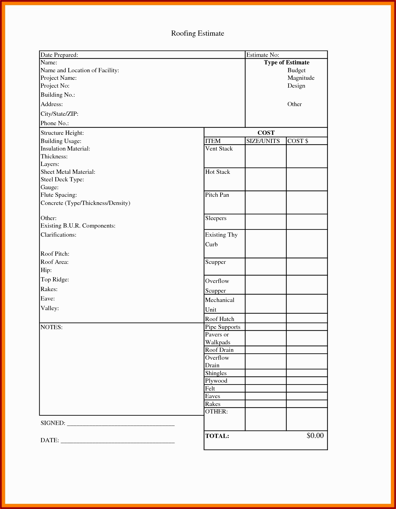 Roofing Quote Sheet Template
