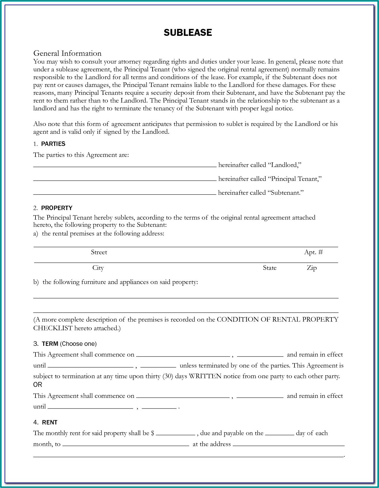 Sublet Lease Form