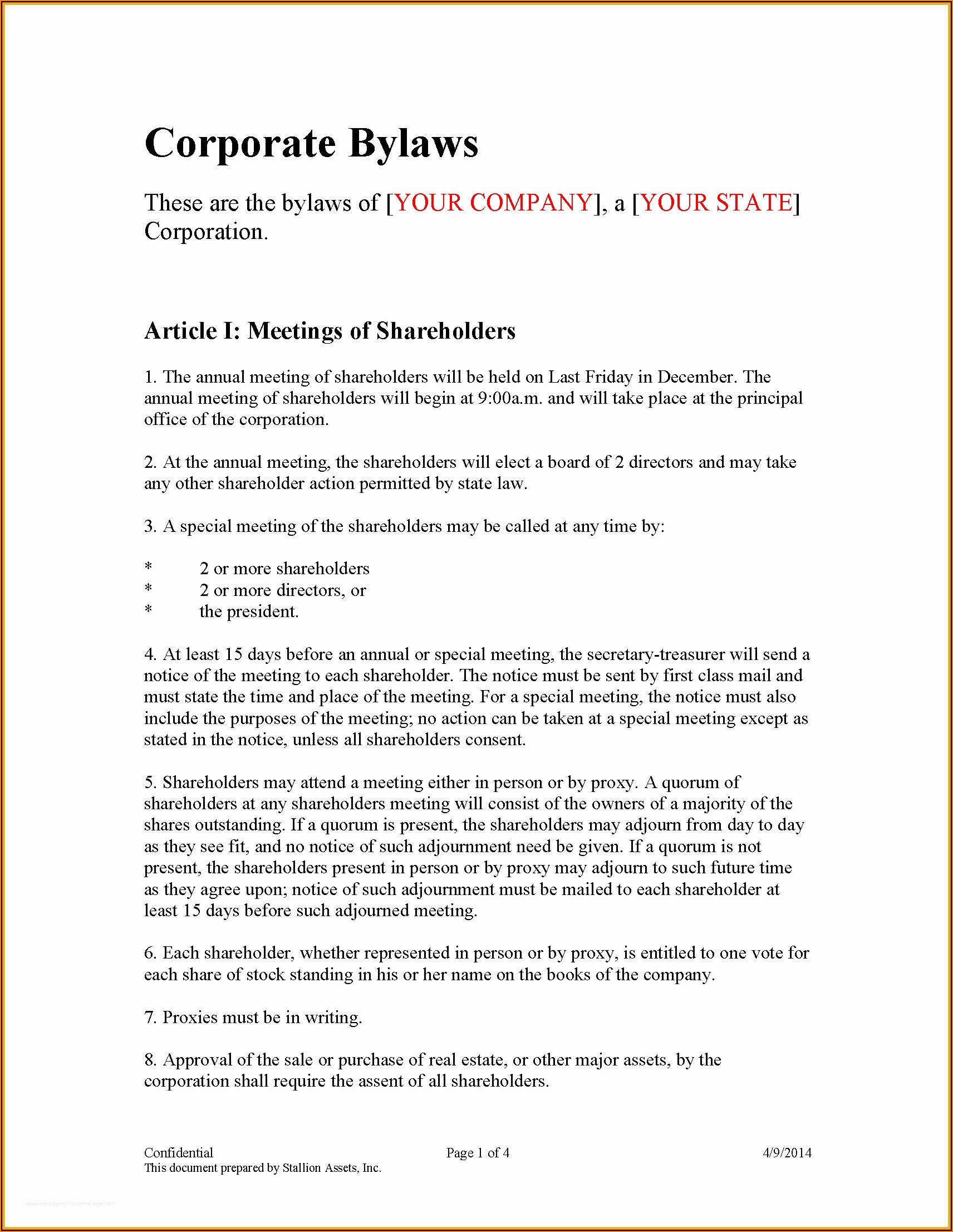 Corp Bylaws Template