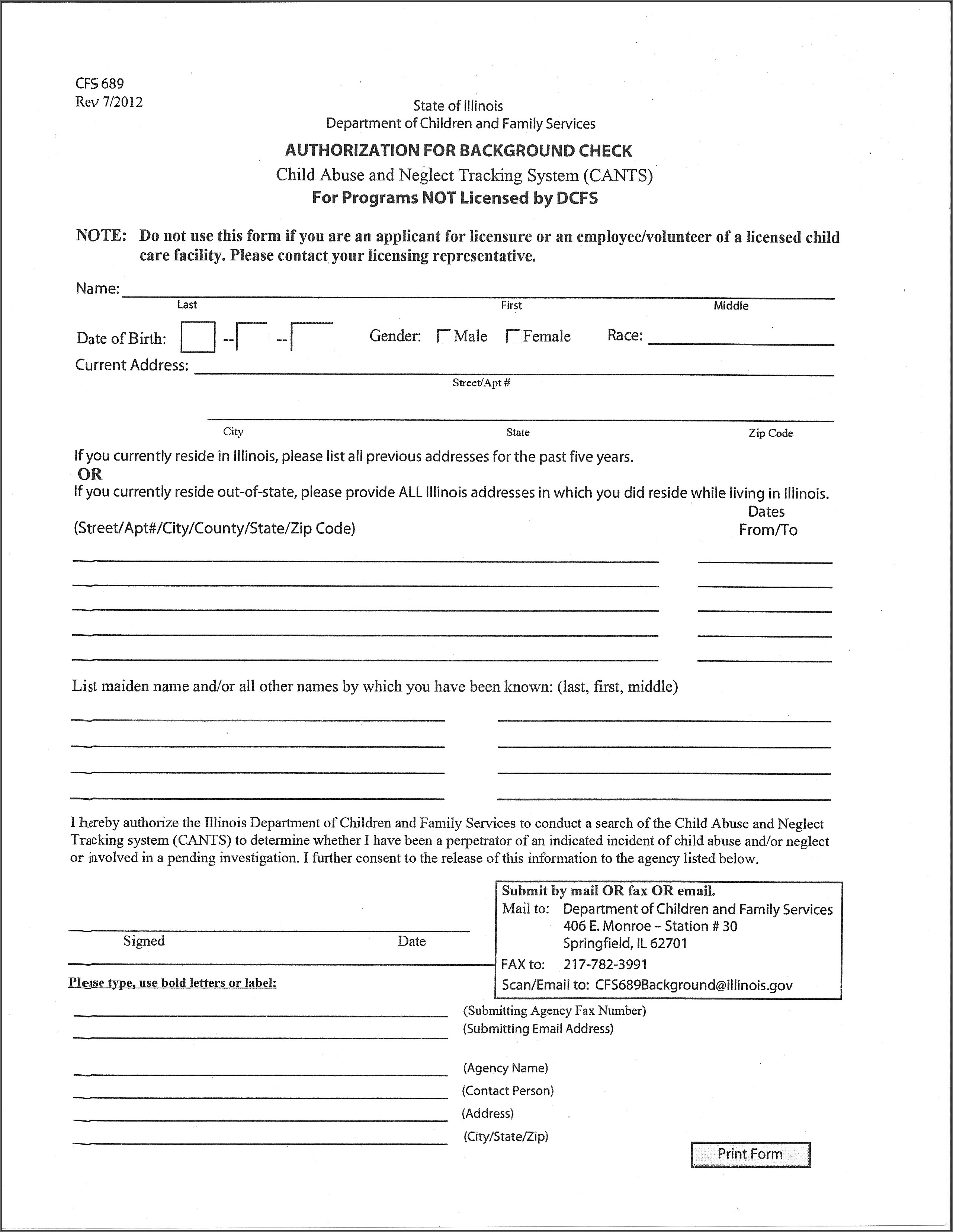 Criminal Background Check Authorization Form Illinois
