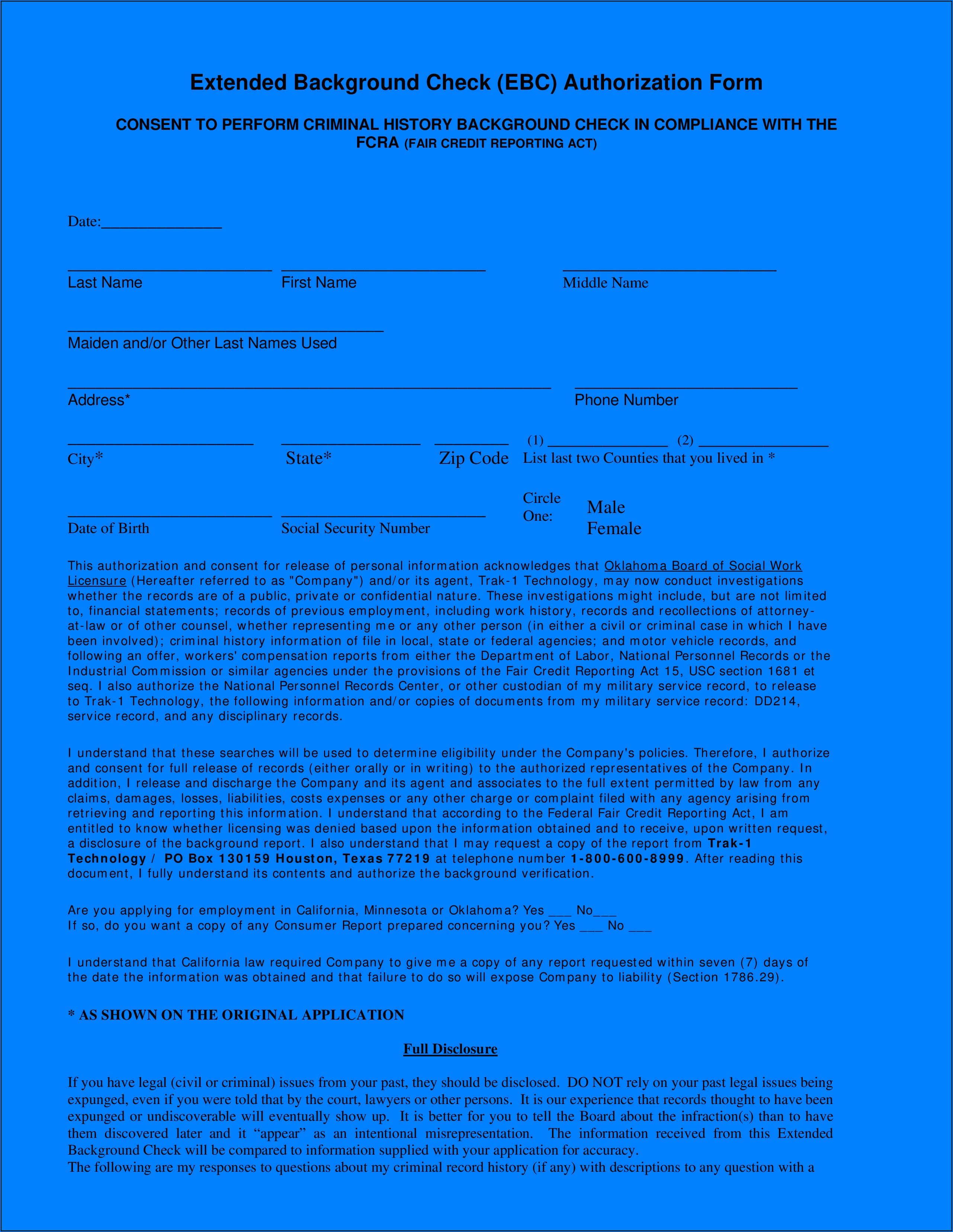 Employment Criminal Background Check Authorization Form