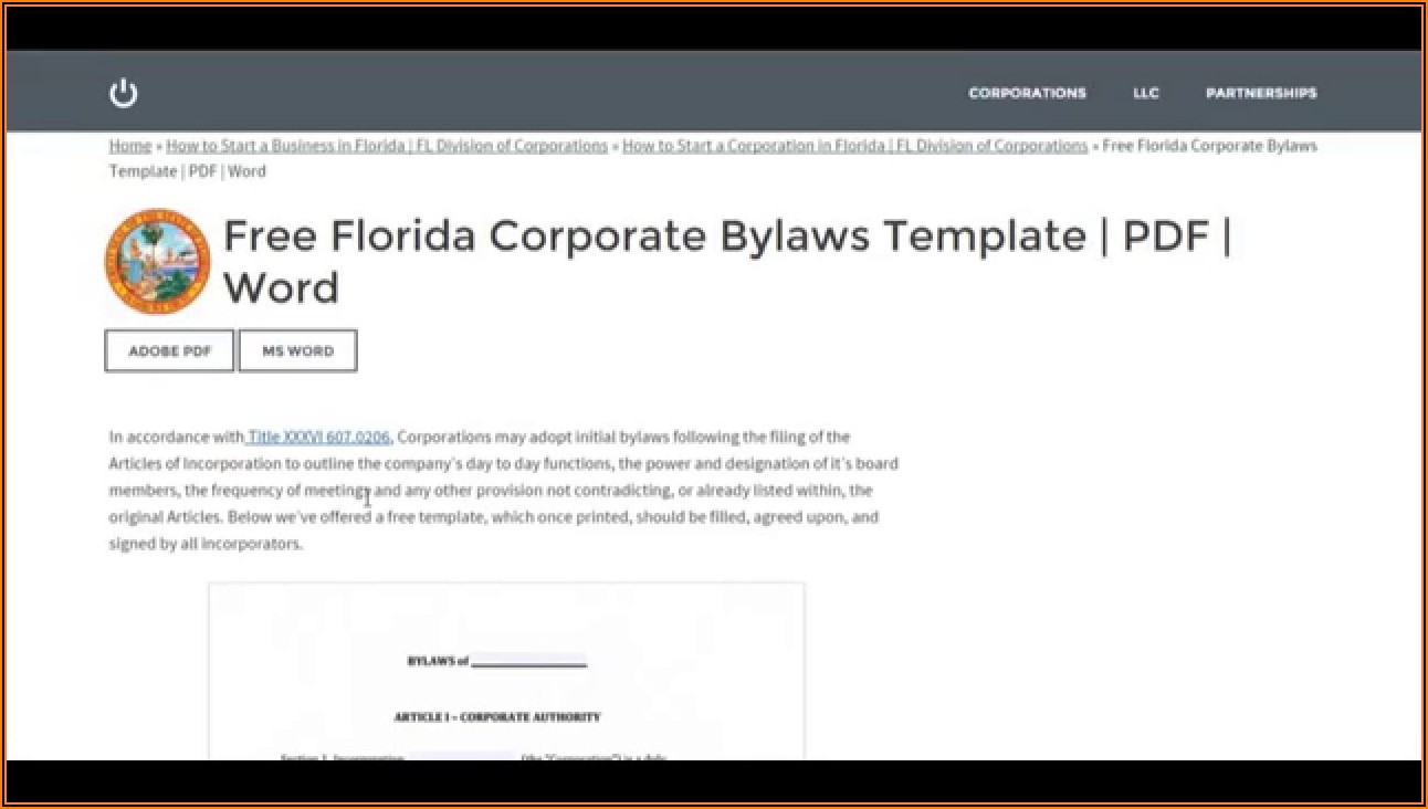 Florida Corporation Bylaws Template