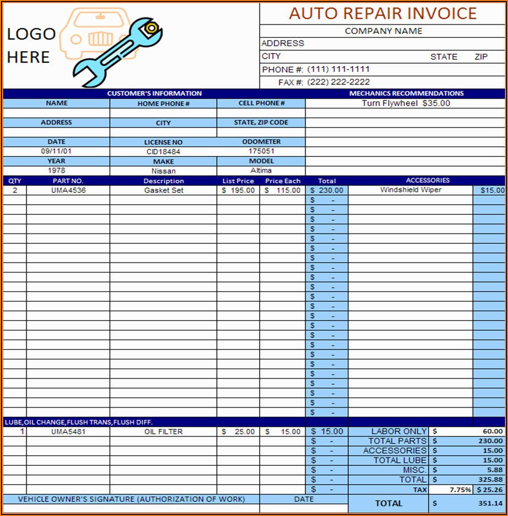 Free Auto Repair Invoice Template Excel