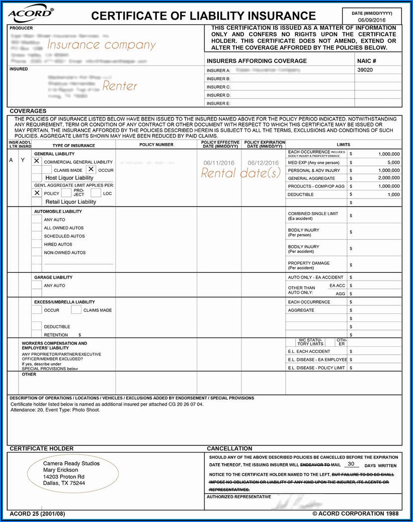 General Liability Acord Form