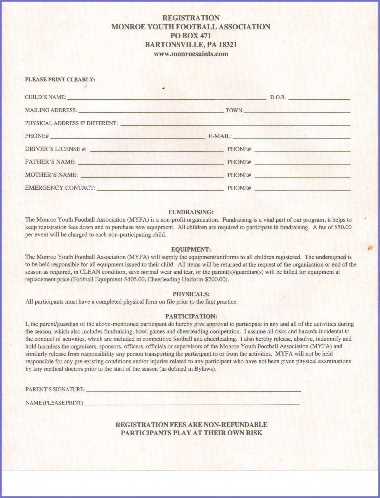 Cheerleading Registration Form Template