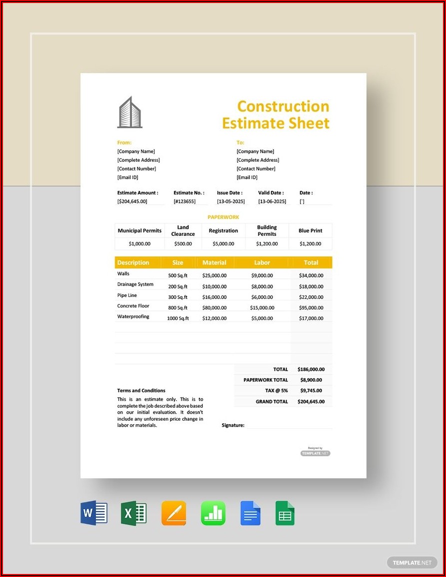Construction Estimate Template Microsoft Word