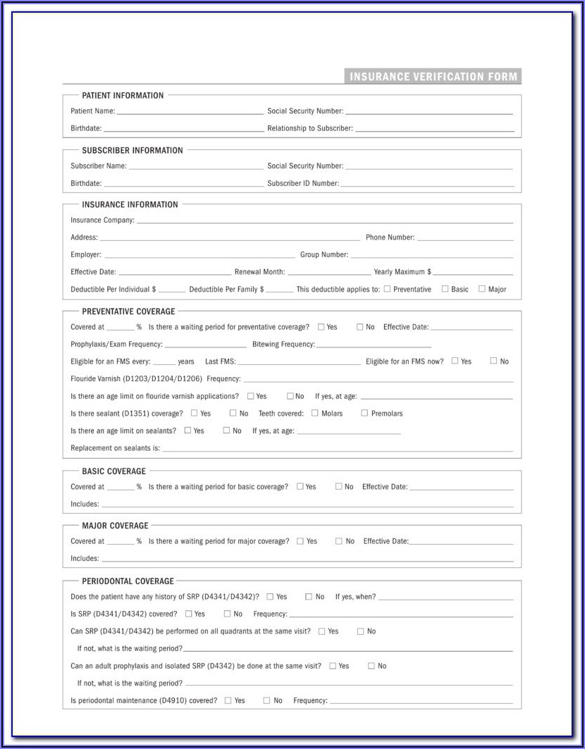 Dental Insurance Verification Form Pdf
