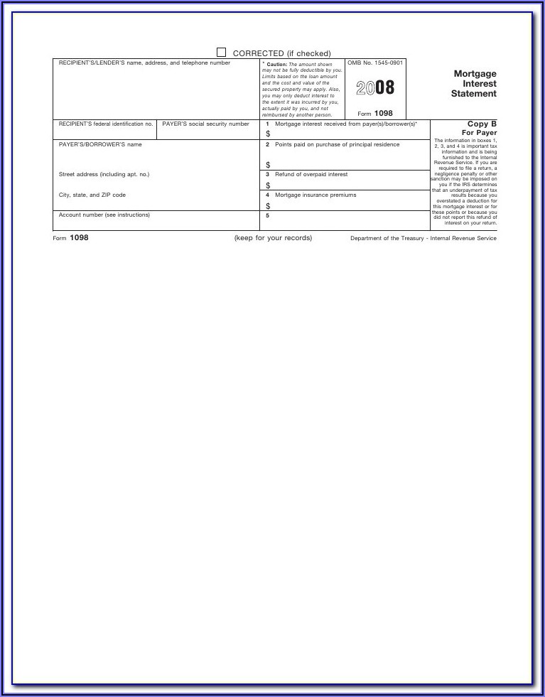 Fillable 1098 Mortgage Interest Form