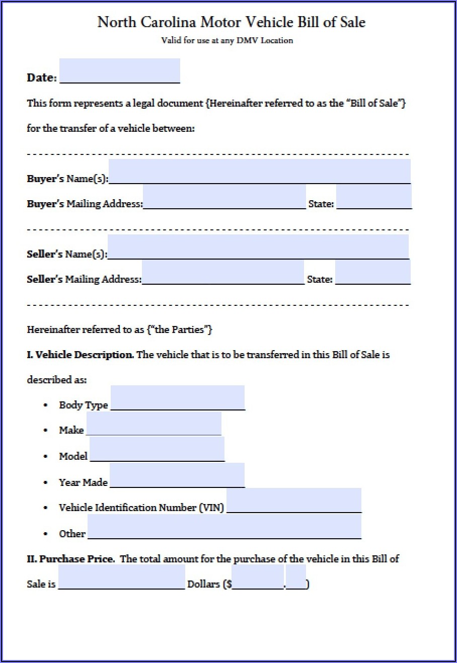 Free Bill Of Sale Form For Car Nc