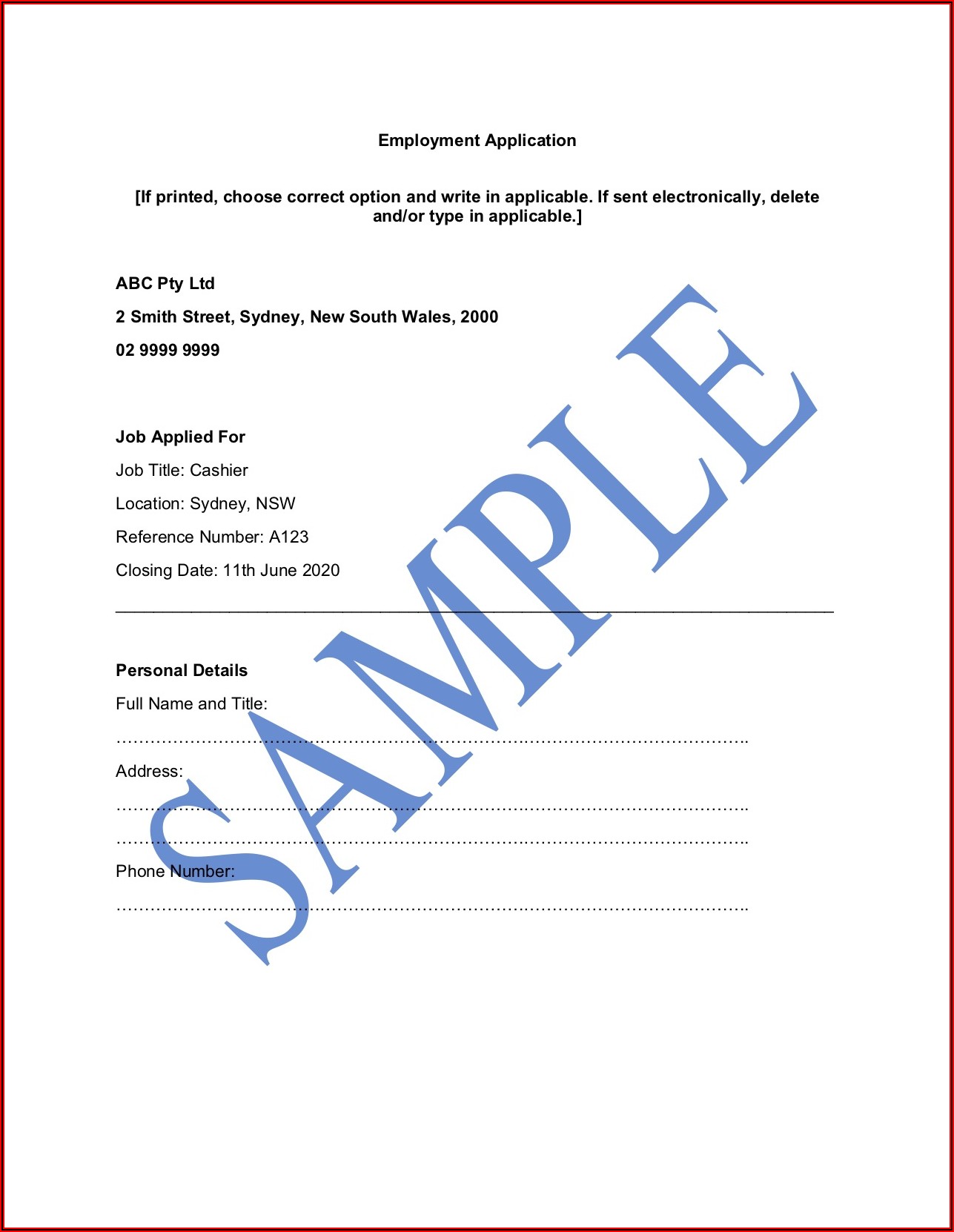 Free Employment Application Form Template