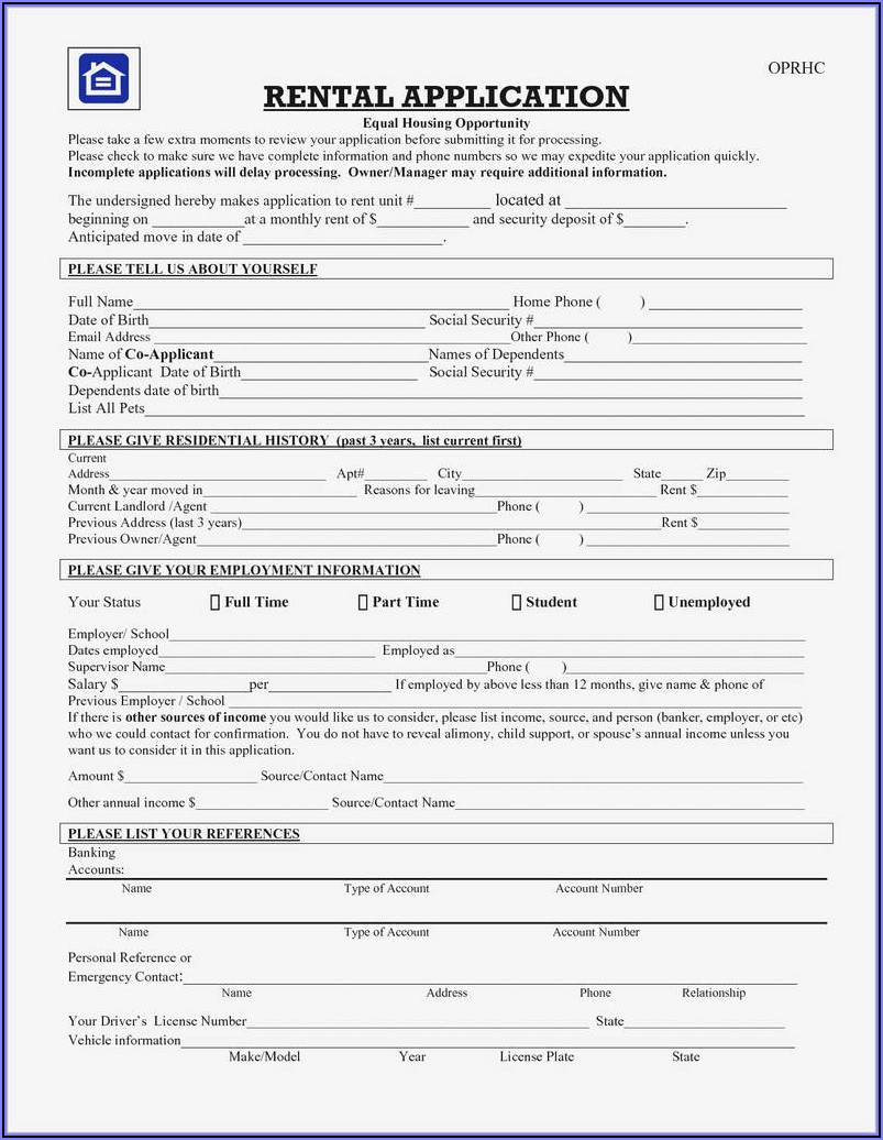 Free Rental Application Form Nc